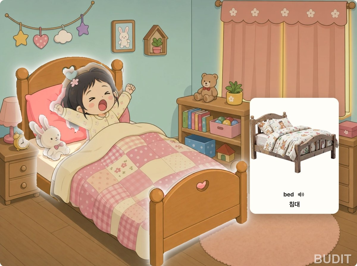 놀이북 리더에서 침대를 짚어 bed 침대 단어 카드가 뜬 화면