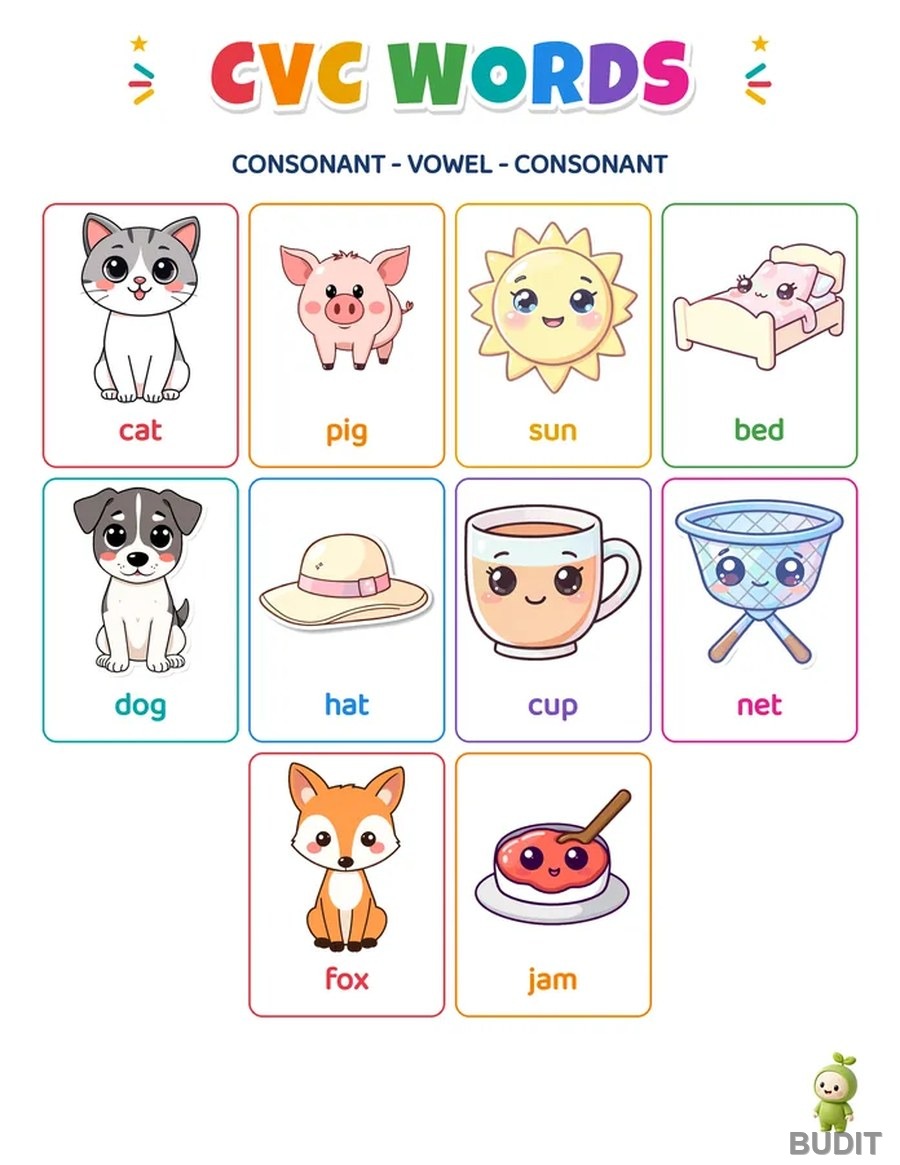 놀이북 CVC 세 글자 단어 포스터 첫 장. 자음, 모음, 자음으로 된 단어와 그림이 나열되어 있다
