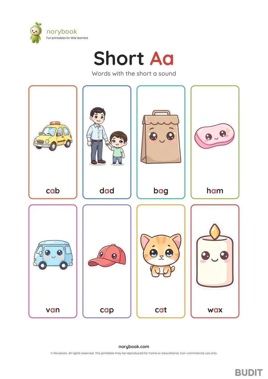 놀이북 단모음 차트 첫 장. 모음 하나의 짧은 소리와 그 소리가 들어간 그림 낱말이 모여 있다
