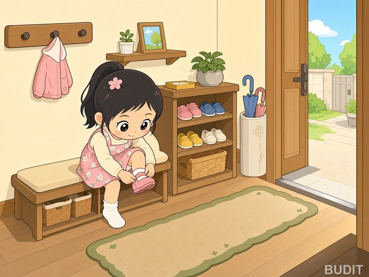 A scene from the NoryBook picture book My Day, a child putting on shoes at the front door to go out