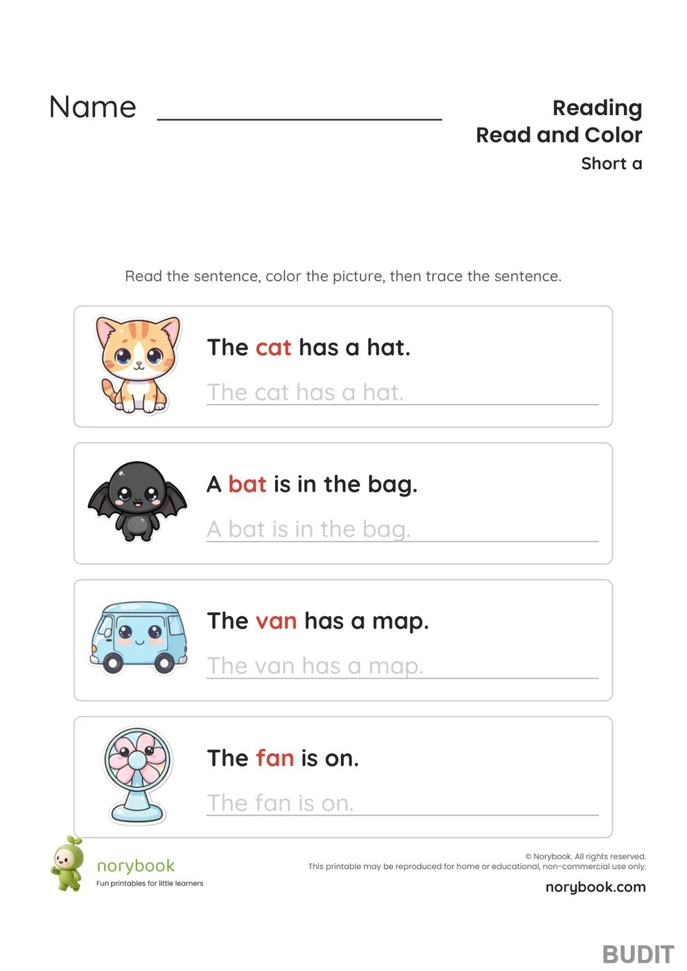 A NoryBook sentence reading worksheet. Short sentences such as The cat has a hat, with a picture to color and the sentence to trace