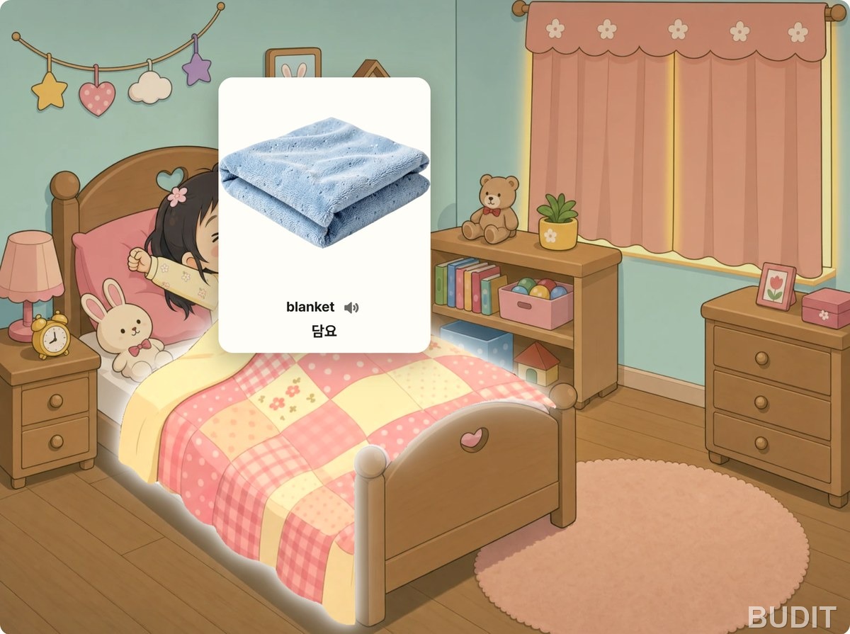 놀이북 리더에서 담요를 짚어 blanket 담요 단어 카드가 뜬 화면