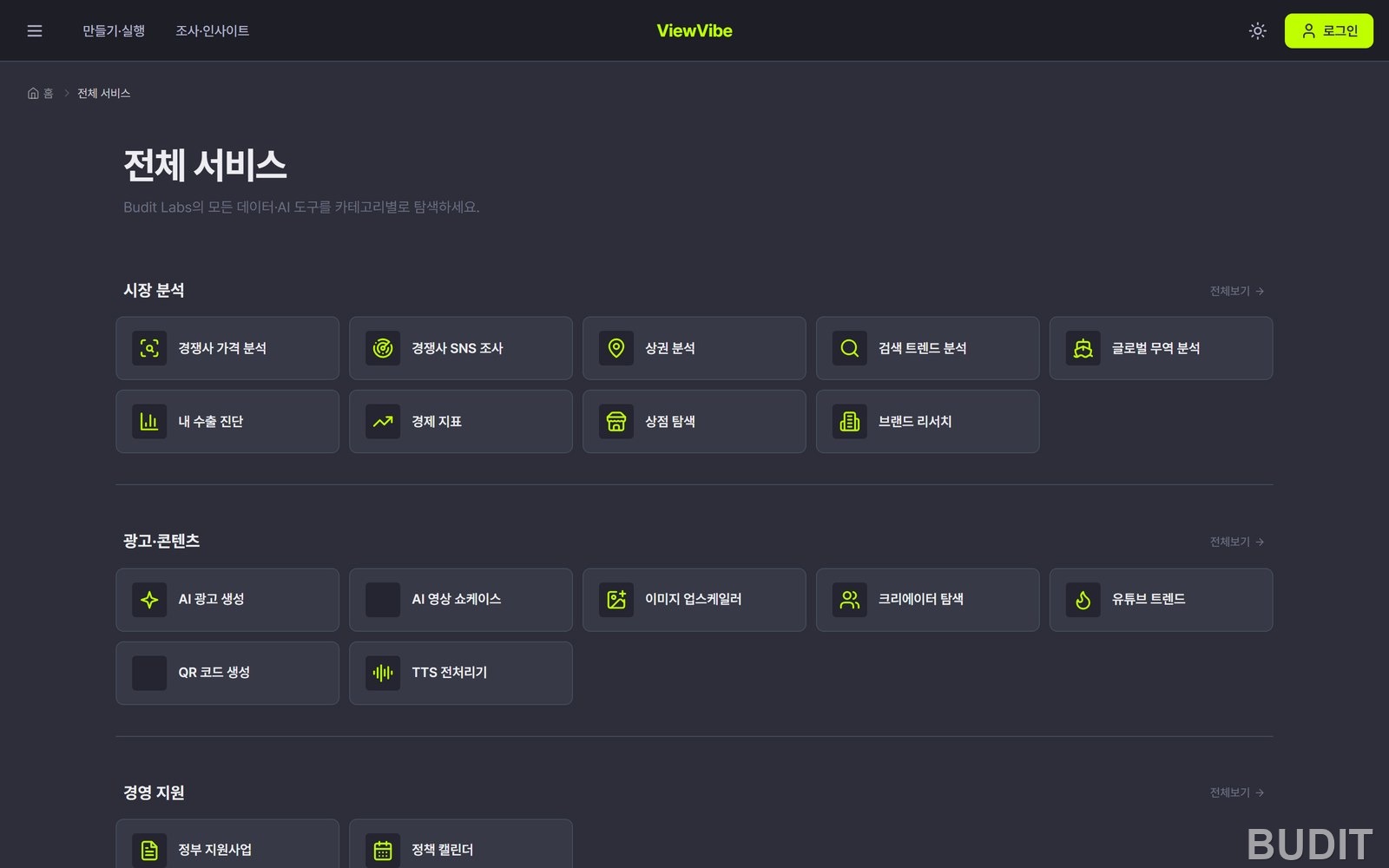ViewVibe all services screen with service cards grouped by category